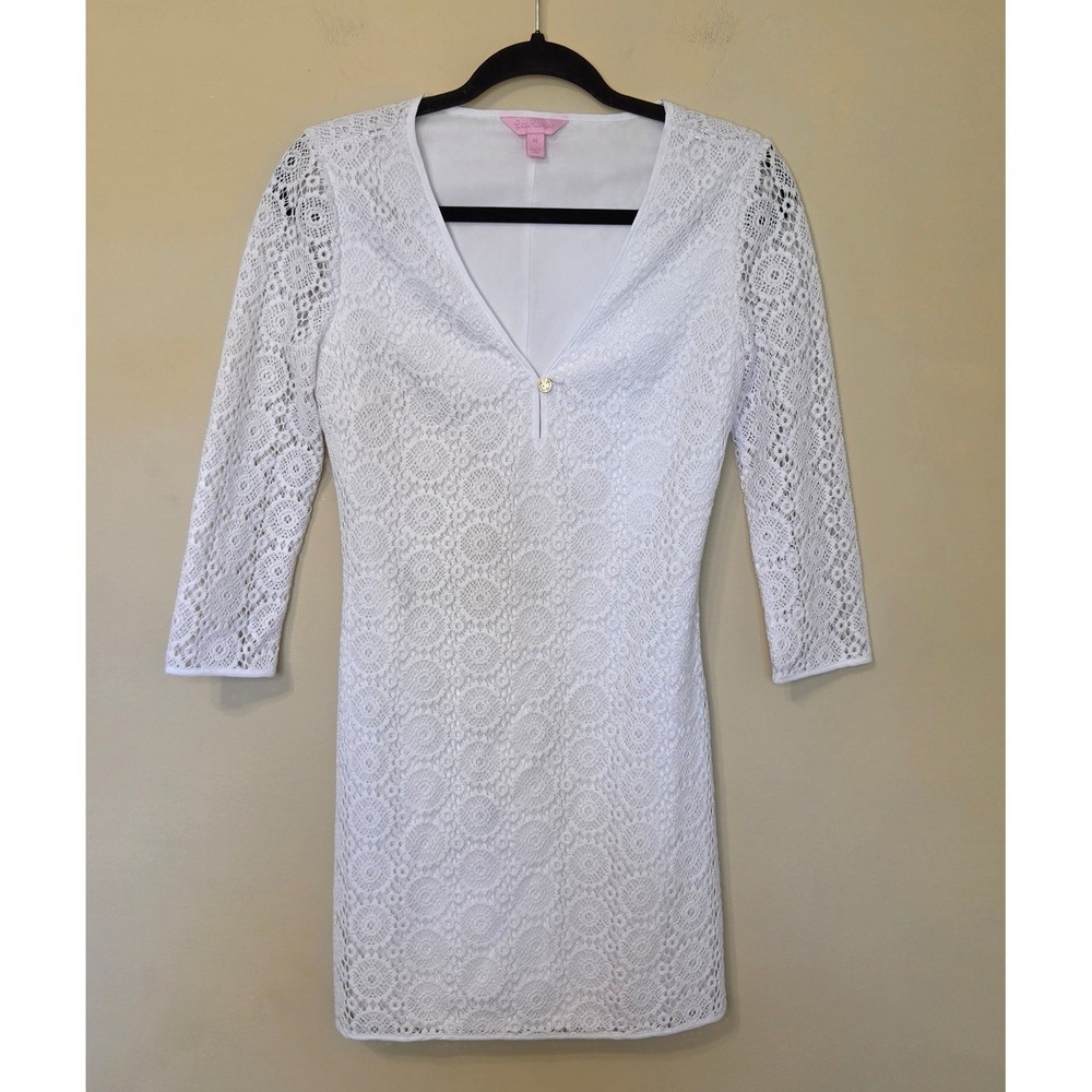 Lilly Pulitzer White Lace Shift Dress V-Neck 3/4 Sleeve Gold Button XS